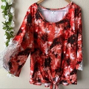 Women’s Plus Size Red Tie Dye Crochet Sleeve Bottom Tie Blouse